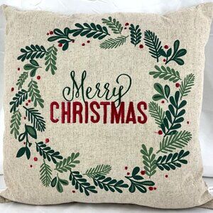 Merry Christmas Holly Berry Throw Pillow. Measures 18" X 18"